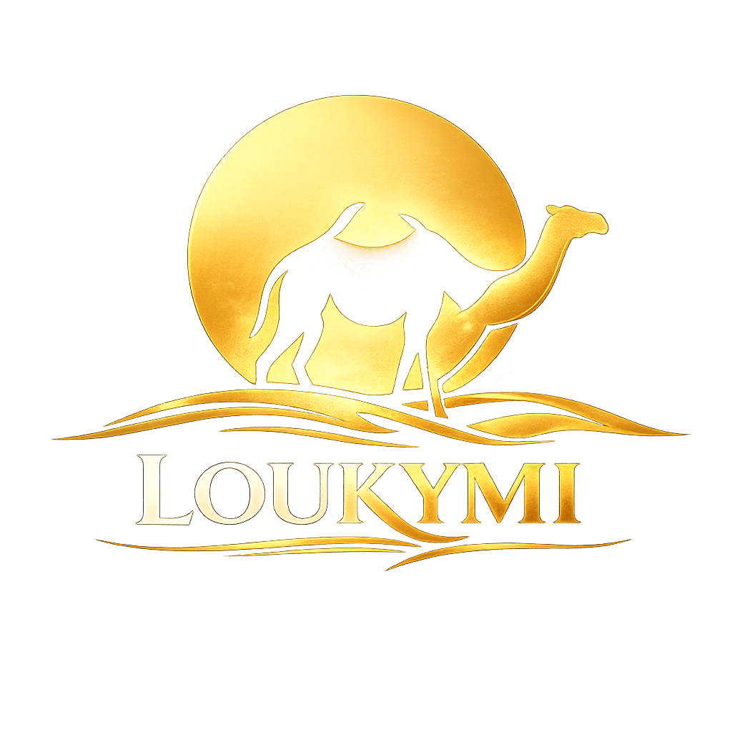 Logo LOUKYMI — chameau, soleil et dunes